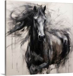 a black and white painting of a horse with its hair blowing in the wind on a wall