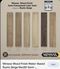 an ad for minwax wood finish stain in different colors and sizes, including white oak