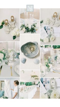 a collage of photos with white flowers and wedding shoes on the table in front of them