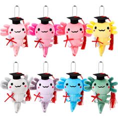 six stuffed animals with graduation caps and tassels hanging from strings in different colors