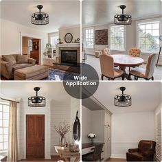 four different views of a living room and dining room