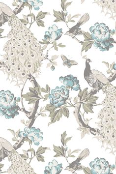 a wallpaper with blue flowers and birds on it's back drop to the side