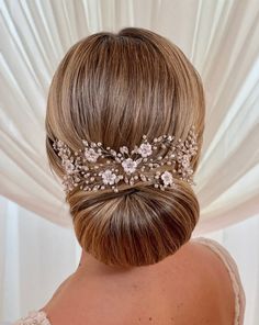 female model wearing thin looping bridal hair vine with pearls and porcelain flowers above an updo Romantic Bridal Hair, Different Hair Styles, April Wedding, Crystal Headpiece, Hair Buns, Bridal Hair Vine, Different Hair, Porcelain Flowers, Flowering Vines