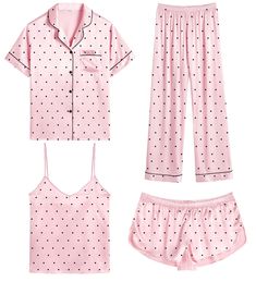 PRICES MAY VARY. 【Premium Material】--- This 4 piece pajama set is made of high-quality satin(95% Polyester, 5% Spandex), which is very soft, lightweight, and comfortable. This lightweight pajama set has a silky texture that will make you feel smooth and shiny, never pilling or fading, and help you sleep well, dreamlike. 【4Pcs Pajama Set】--- Women 4 pcs pjs sets include spaghetti strap cami top, a button-down short sleeve sleepshirt, a pair of shorts, a pair of long pants. This four-piece sets fo Amazon Silk Pajamas, Pink Satin Pajama Set, Pajama Set Amazon, Girly Pjs, Pajamas Preppy, Girly Pajamas, Christmas Gift Ideas Women, Cute Pajamas For Women, Cute Pj Sets