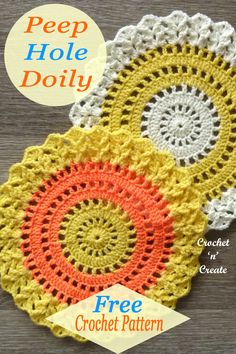 two crocheted doily with the words pee hole doily on it