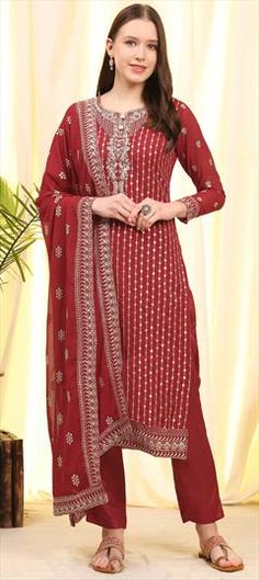 Red and Maroon color Salwar Kameez in Georgette fabric with Embroidered, Zari work Red Semi-stitched Salwar Kameez With Cutdana, Red Resham Embroidered Kurta For Reception, Red Resham Embroidery Kurta For Reception, Red Reception Kurta With Resham Embroidery, Red Kurta With Resham Embroidery For Reception, Red Churidar For Diwali Reception, Red Churidar For Reception At Diwali, Red Churidar For Reception During Diwali, Designer Red Unstitched Suit With Cutdana