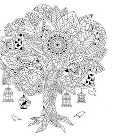 a tree with lots of leaves and birds around it, in the shape of a birdcage