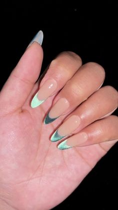 Emerald Glitter French Tip Velvet Nails Short Classy Nails, Nail Nail Designs, Cat Eye Nails Polish, Almond Acrylic Nails, Cat Nails