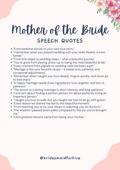 the mother of the bride speech is shown in pink and white with flowers on it