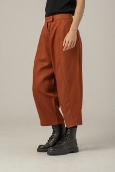 "Burnt Orange Boyfriend Pants, Wide Baggy Pants, Women Trousers ABOUT THE PANTS: Pants with side pockets and comfortable loose cut. Closure with button and zipper. They fit perfectly different body shapes. They are comfy and stylish for an everyday city look. *CARE* - Hand wash in cold water/ Dry Cleaning - Machine 30oC *COLORS* Please, always remember that colors of images may look a bit different because of the specifics of your monitor's settings. Model is wearing size M. She is 5'9\"/170 cm Dark Orange Pants Outfit, Orange Baggy Trousers, Burnt Orange Pants Outfit, Wide Baggy Pants, High Water Pants, Burnt Orange Pants, Orange Pants Outfit, Minimalist Pants, Orange Minimalist