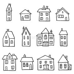 hand drawn houses on white paper with black outline, set of nine different styles and sizes