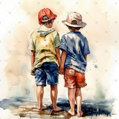 two young boys standing next to each other in front of a watercolor painting on paper