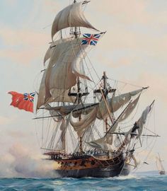 an oil painting of a sailing ship in the ocean with two british flags flying from it's masts