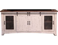 the sideboard has two doors and is white with brown trimmings on it