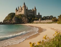 a castle sitting on top of a beach next to the ocean