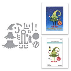 three christmas cards with the words merry and an image of a green elf holding a lantern