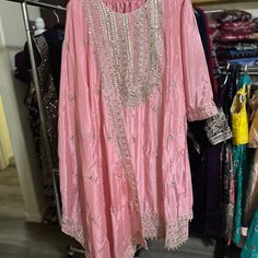 Pink Beautiful Embroidery Suit In 2xl Size Traditional Spring Kurta With Sequins, Spring Embellished Dresses With Traditional Drape, Pink Spring Dress With Mirror Work, Pink Spring Dresses With Mirror Work, Spring Party Kurta With Mirror Work, Semi-stitched Spring Dresses With Mirror Work, Spring Semi-stitched Dress With Mirror Work, Spring Wedding Dupatta With Mirror Work, Spring Bollywood Style Embellished Kurta