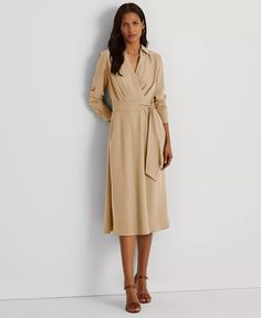 Lauren Ralph Lauren - Surplice Georgette Midi Dress Modest Midi Dress, Tie Waist Shirt, Flounce Hem Dress, Houndstooth Skirt, Elastic Waist Dress, Midi Shift Dress, Dresses Xxl, Empire Waist Dress, Midi Short Sleeve Dress