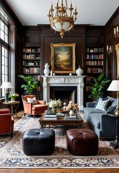 Old Money Living Room New Orleans Style Living Room, Dark Den With Fireplace, Historic Home Modern Interior, Modern English Living Room Design, Old Money Victorian Aesthetic, English Traditional Living Room, Decorating Victorian Homes, Middle Room Ideas, Old Money Interior Aesthetic