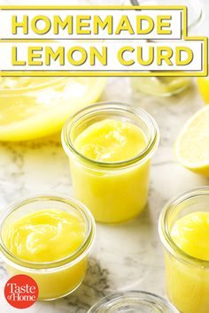 homemade lemon curd in small glass jars