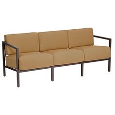 an outdoor sofa with tan cushions and black metal frame, viewed from the front view