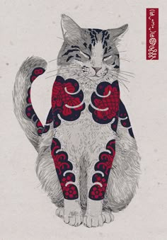 a drawing of a cat with red and black designs on it's back legs