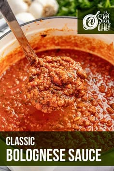 Overhead view of bolognese sauce being scooped up with a ladle. Italian Red Sauce Recipe, Italian Red Sauce, Italian Sauce Recipes, Red Sauce Recipe, Recipe Crockpot, The Stay At Home Chef