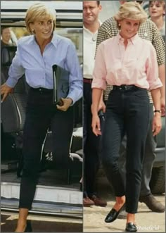 two pictures of the same woman in different outfits, one is wearing black pants and the other has a pink shirt