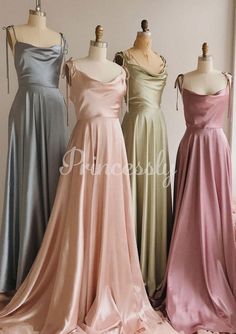 Light Color Dress, Pastel Formal Dresses Long, Sliky Long Dresses, Soft Autumn Prom Dress, Prom Dresses Loose Fitting, Simple Prom Dress Aesthetic, Bridgerton Wedding Bridesmaid Dresses, Same Dress Different Color Bridesmaids, Pastel Color Prom Dresses