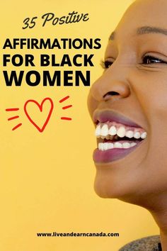 a woman smiling with the words 35 positive affirmations for black women