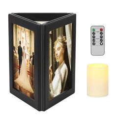 a candle holder with an image of a bride and groom on it next to a remote control