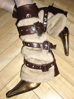 Fur Belt Buckles Knee High Boots Vintage Genuine Leather Slip-On Pointed Toe Fashion Luxury Elegant Fur Belt, Leather Boots Heels, Funky Shoes, Boots Vintage, Warm Boots, Oc Inspo, Brown Belt, Dream Shoes, Pretty Shoes