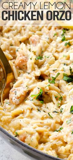 creamy lemon chicken orzo in a skillet with a spoon