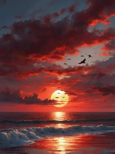 the sun is setting over the ocean with birds flying by