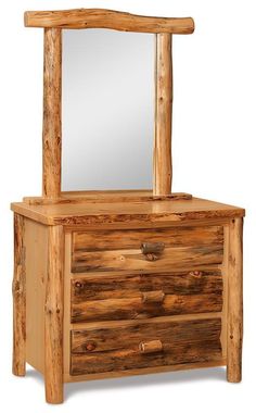 a wooden dresser with a mirror on top of it's drawer and drawers underneath