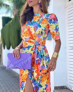 Lasaky - Beautiful Belted Floral Wrap Dress Buisness Casual, Floral Gown, Chic Pattern, Ruched Bodycon Dress, Estilo Chic, Wrap Dress Floral, Waist Length, Sleeve Designs, Wrap Skirt