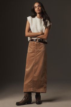 Inspired by the iconic pant, the Colette Skirt offers the same casual polish with a form-fitting high-rise silhouette and thoughtful tailoring. | The Colette Skirt by Maeve: Corduroy Maxi Edition in Brown, Women's, Size: 2 X, Cotton/Elastane/Tin at Anthropologie Denim Midi Skirt Outfit Winter, Denim Maxi Skirt Outfit, Midi Skirt Outfit Winter, Winter Skirt Outfits, Denim Midi Skirt Outfit, Corduroy Skirt Outfit, Maxi Skirt Outfit, Circle Skirts, Midi Skirt Outfit