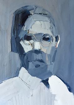 an abstract painting of a man's face with blue and white paint on it