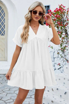 Fitted Knee Length Dress, Summer Details, Flowy Mini Dress, Maxi Dress Formal, Short Sleeve Mini Dress, Tunic Styles, Vestido Casual, Loose Dress, Mini Dress With Sleeves