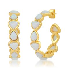 TAI JEWELRY | Bezel Set Opal Hoops | Earrings | Elegant Opal Hoop Earrings, Elegant Gold Opal Hoop Earrings, Earring Collection, Earrings Collection, Bezel Setting, Summer 2024, Cuff Bracelet, Gold Earrings, Gold Bracelet