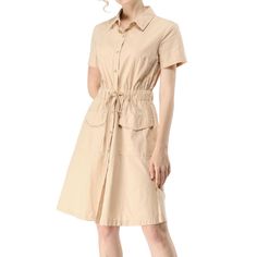 The casual, elegant look of this pretty dress will keep you looking great all the time. The short-sleeve shirt dress is cut with a relaxed silhouette and features a drawstring to cinch in the waist and plenty of practical pockets. Pair it with ankle boots or heels for a chic silhouette. Perfect for spring, summer, and autumn, and it is also suitable for any occasion. Safari Dress, Safari Shirt, Elastic Waist Dress, Drawstring Waist Shorts, Collared Dress, Short Sleeve Dress Shirt, Cargo Shirts, Dress Cotton, Collars For Women