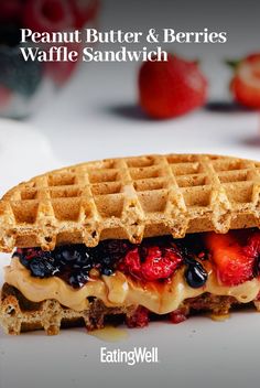 a waffle sandwich with fruit and peanut butter