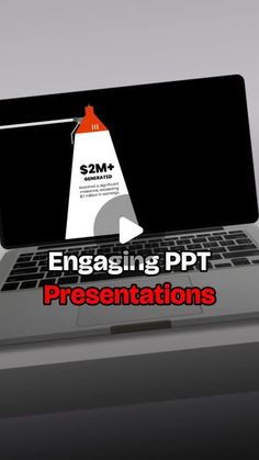 a laptop computer sitting on top of a desk with the words engaging ppt presentations