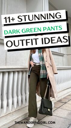 Looking for the perfect dark green pants outfit? Whether you're a woman searching for stylish dark green pants outfit women options or wondering what to wear with green pants, this color is incredibly versatile. Green pants outfits can be dressed up or down, with a simple top for casual days or a blazer for a chic office look. How to style green pants? Pair them with neutral tones, bold prints, or even a leather jacket for a cool vibe. If you're into olive green pants outfit ideas, consider adding cozy sweaters and ankle boots for a perfect fall look. With green pants for every occasion, you can easily transition from day to night with the right accessories. Get inspired with these dark green pants outfit ideas for an effortlessly chic wardrobe! What To Wear With Forest Green Pants, Green Wide Leg Pants Outfit Winter, What Goes With Green Pants, Dark Green Pants Outfit Women, Olive Corduroy Pants Outfit, Green Wide Leg Trousers Outfit, Outfits With Dark Green Pants, Green Flowy Pants Outfit, Green Slacks Outfit