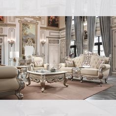 an ornate living room with white furniture and chandelier