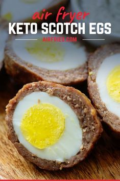 some kind of food that is on top of a cutting board with the words air fryer keto scotch eggs