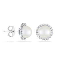 14K Yellow Gold Halo Stud Earrings with 6.5mm White Akoya Pearls and 0.27 Carats (total weight) of Diamonds. The earrings measure approximately 3/8" in diameter. Pearl Halo, Halo Stud Earrings, Halo Earrings Studs, Gold Halo, Akoya Pearls, Fine Jewels, Halo, White Gold, Diamonds