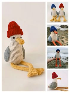 there is a crocheted penguin sitting on the beach