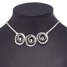 Ready-to-wear jewelry is great for counter sales or giving as a gift. Silver-plated brass, steel and "pewter" (zinc-based alloy) necklace features three round focals with black and clear rhinestones. Silver Necklace With Bling For Gift, Silver Bling Necklace For Gift, Nickel Free Round Alloy Necklace, Nickel-free Round Alloy Necklace, Silver Pendant Necklaces With Bling, Silver Pendant Necklace With Bling, Silver Adjustable Rhinestone Costume Necklace, Silver Sparkling Rhinestone Necklace For Gift, Adjustable Silver Rhinestone Costume Necklace