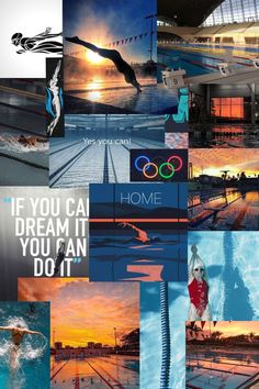 the collage shows many different images of swimming and water sports scenes, including an olympic symbol